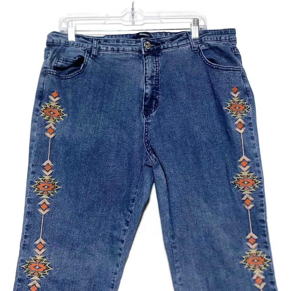 Denim 24/7 Women's Embroidered Blue Stretch Jeans Size 18W Cotton Spandex